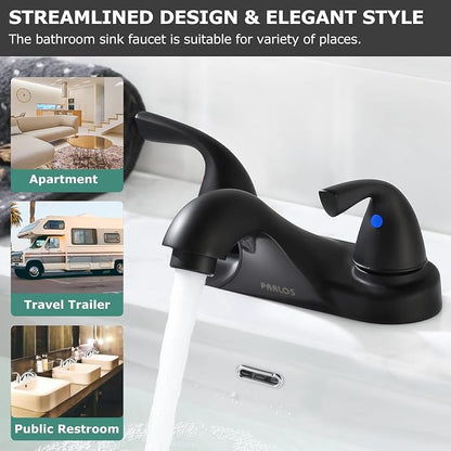Matte Black Bathroom Faucet 4 Inch Centerset for Lavatory Sink | Mid Arc, 2 Handle Lead-Free RV Bathroom Faucet with Metal Pop Up Drain Supply Lines, for 2 or 3 Hole Lavatory Utility Sink
