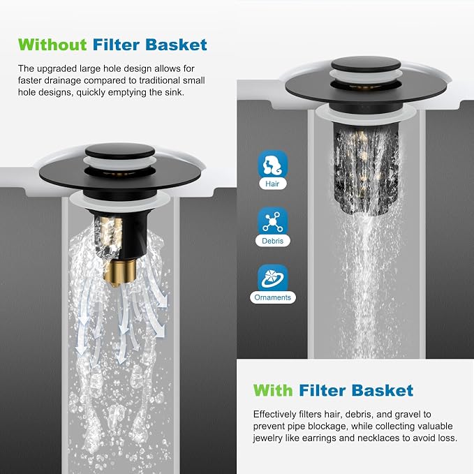 Hibbent Universal Bathroom Sink Drain Strainer, Upgraded 3 in 1 Pop Up Stopper, Removable Stainless Steel Filter Basket, Brass Bullet Core, Hair Catcher Sink Plug for 1.1''~2.36'' Hole, Matte Black