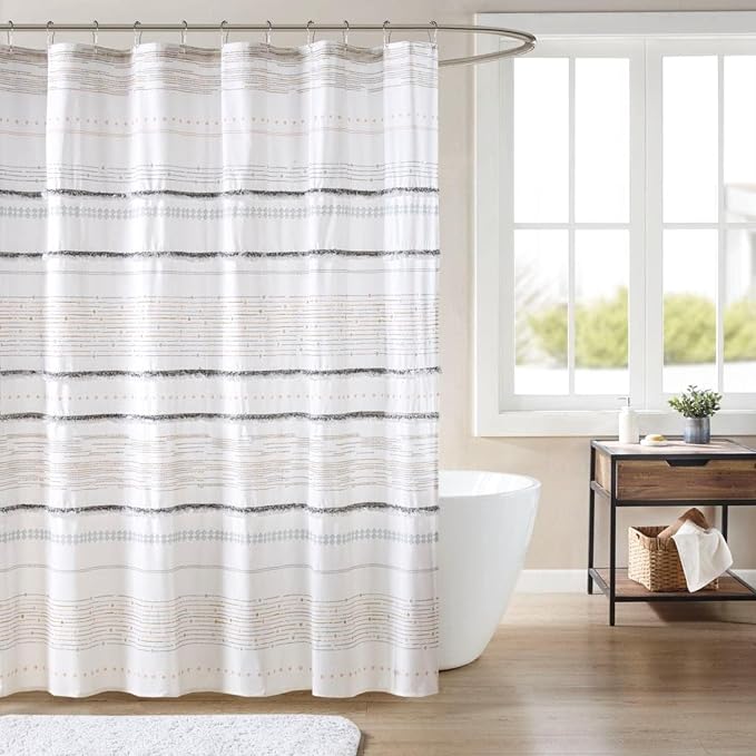 INK+IVY NEA Shower Curtain for Bathroom, Cotton, 72 x 72, Off White/Gray | Adds Privacy, Machine Washable, Striped Pattern, Boho, OEKO-TEX Certified