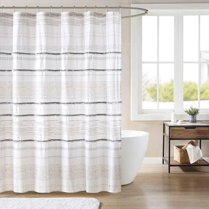 INK+IVY NEA Shower Curtain for Bathroom, Cotton, 72 x 72, Off White/Gray | Adds Privacy, Machine Washable, Striped Pattern, Boho, OEKO-TEX Certified