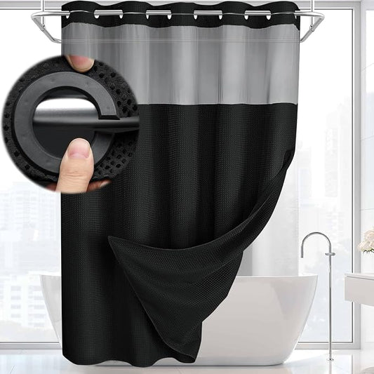 No Hook Shower Curtain with Liner Set Hotel Waffle Curtain Black 72W X 87L | Washable Snap in Fabric Liner, Mesh Top Window, Waffle Hotel Style Shower Curtain Set