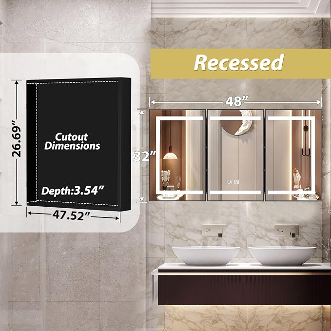 APRILSOUL 48x32 Inch Lighted Bathroom Medicine Cabinet with Mirror, Black Recessed or Surface Mount Medicine Cabinet Mirror with Storage and LED Lights, 3 Colors Temperature, Dimmable Light
