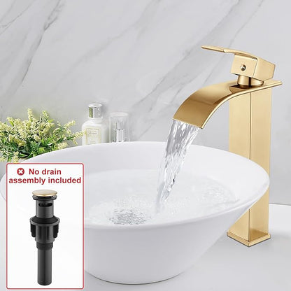 Midanya Waterfall Spout Bathroom Faucet Single Handle 1 Hole Bathroom Sink Faucet,Modern RV Lavatory Vanity Basin Tap with Water Hose,No Drain,Tall Body,Brushed Gold
