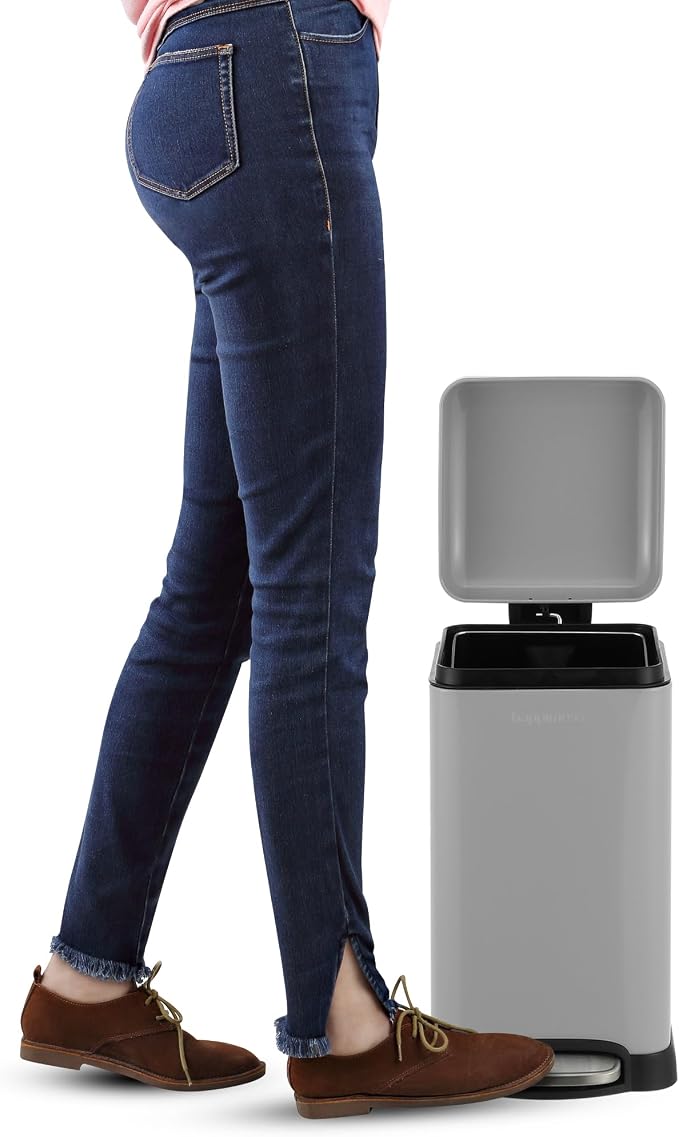 happimess Betty Retro Mini 3.2 Gal Step Trash Can, Gloss Gray | Soft-Close Lid, Removable Liner, Iron, Hands-Free Pedal, Non-Skid Base, Built-In Damper, Modern, Minimalistic