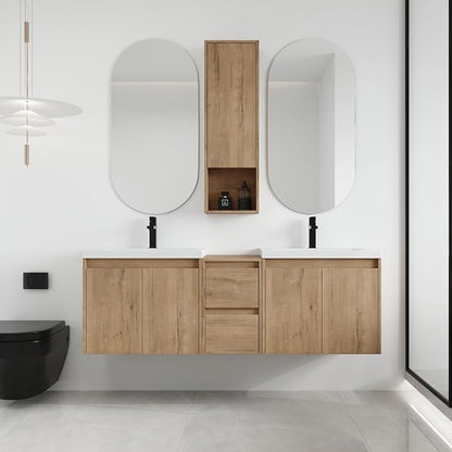 60'' Floating Bathroom Vanity with Double Sink, and 1 Side Cabinet, Brown | Double Sink Combo with 12" Side Cabinet, Plywood Cabinet, Resin Basin, Ample Storage, Soft-close Hinge, Assembly Required