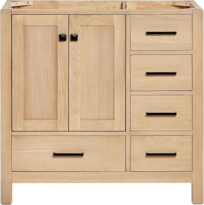 ARIEL Cambridge 36-inch Bathroom Vanity Base Cabinet,Solid Wood, 2 Soft Closing Doors, 5 Dovetail Drawers, White Oak