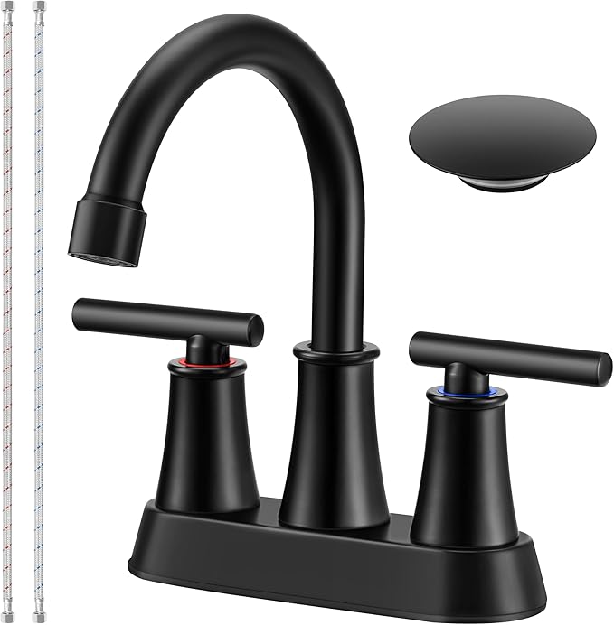 Herogo Matte Black Bathroom Sink Faucet for 3 Holes, 4 Inch Centerset Bathroom Faucet 2-Handle with Pop-Up Drain & Supply Hoses, 18/10 Stainless Steel, for RV Vanity Lavatory