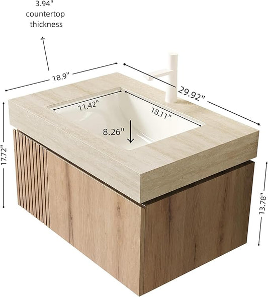 KEIKI 30 Inch Floating Bathroom Vanity with Sink, Modern Wall Mounted Storage Cabinet with Drawer, Pre-assembled Waterproof Wood Panels, Sintered Stone Top & Ceramic Basin Combo Set, White Oak & Beige
