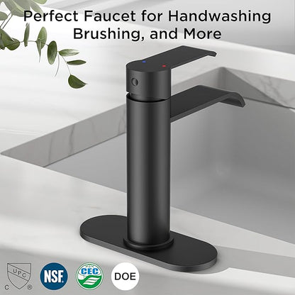 FORIOUS Black Bathroom Faucet 1 Hole, Single Handle Matte Black Waterfall Bathroom Faucet Single Hole for Rv, Lavatory, Restroom Tap with 3 Hole Adapter Deck Plate, Pop Up Drain and 24" Supply Hose