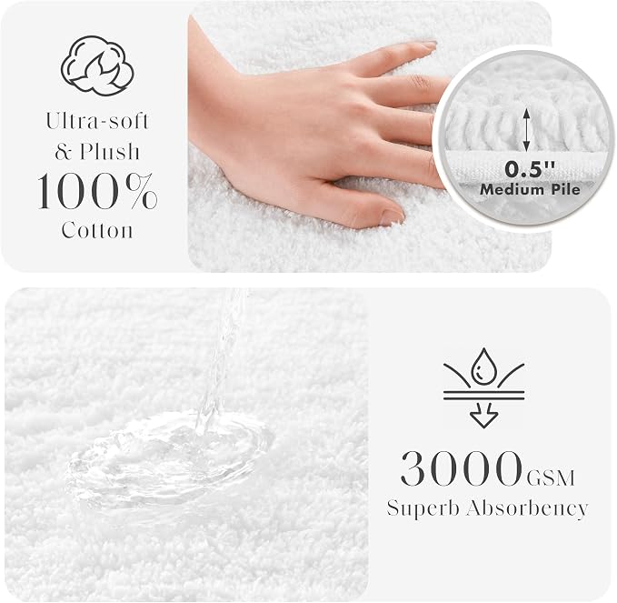 Madison Park Splendor Reversible 100% Cotton Bath Runner, 24 x 72, White | Tufted Bathroom Rug, 3000 GSM, Hotel Quality, Luxurious Plush, Medium Pile, Absorbent, Quick Dry, OEKO-TEX, Shower Room Décor