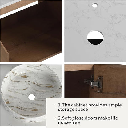 LKTART 30 Inch Floating Bathroom Vanity with Sink, Modern Wall Mounted Bathroom with Soft Close Door, White Stone Round Ceramic Basin and Sintered Stone Top