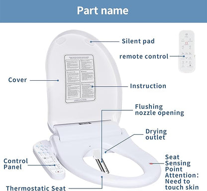 KERDE P30A Electric Bidet Toilet Seat with Auto Flush & Dual-Control (Remote+Panel) – Heated Seat, Warm Water Wash, Self-Cleaning Nozzle, Universal Fit for Elongated Toilets (Remote+Armrest)