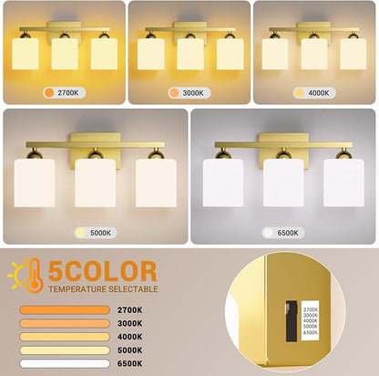 Quntis Gold Bathroom Light Fixtures Over Mirror 5 Colors Adjustable, 3-Light LED Bathroom Vanity Lighting with Milky White Frosted Glass Shade, Energy-Saving LED Vanity Light 18.9 inch