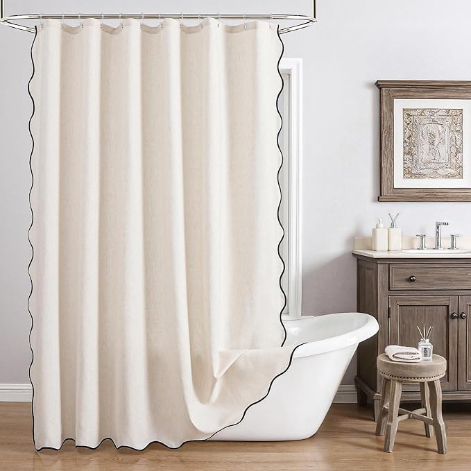 Linen Scallop Shower Curtain with 12 Clear Hooks, Waterproof, 72x84, Cream | Washable Heavy Duty Thick Fabric with Black Border, Neutral Modern Farmhouse Boho Décor