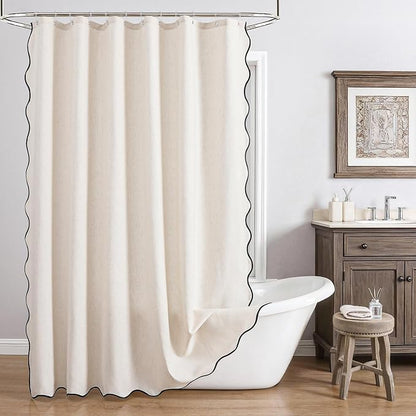 Linen Scallop Shower Curtain with 12 Clear Hooks, Waterproof, 72x84, Cream | Washable Heavy Duty Thick Fabric with Black Border, Neutral Modern Farmhouse Boho Décor