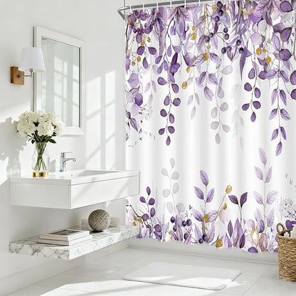 Purple Eucalyptus Shower Curtain, Watercolor Plants Foliage Floral Bathroom Curtains, Stylish Noble Botanical Leaves Waterproof Fabric Cloth Shower Curtain Set with Hooks 72X72 Inch