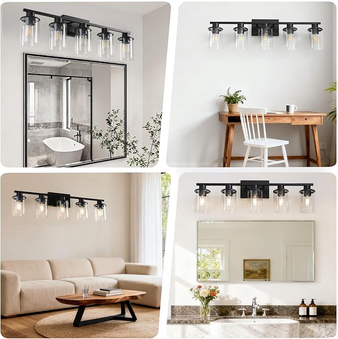 LOUSACE 5-Light Black Bathroom Vanity Light, 31.5" Modern Vanity Lighting Fixture Over Mirror with Clear Glass Shade, E26 Base