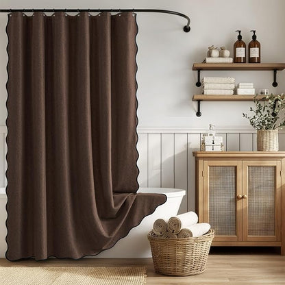 ANRODUO Brown Scalloped Linen Textured Shower Curtain, W72 x L84 | Boho Farmhouse Shower Curtain with 12 Metal Hooks, Machine Washable Waterproof Heavy Duty Fabric for Bathroom Bathtub