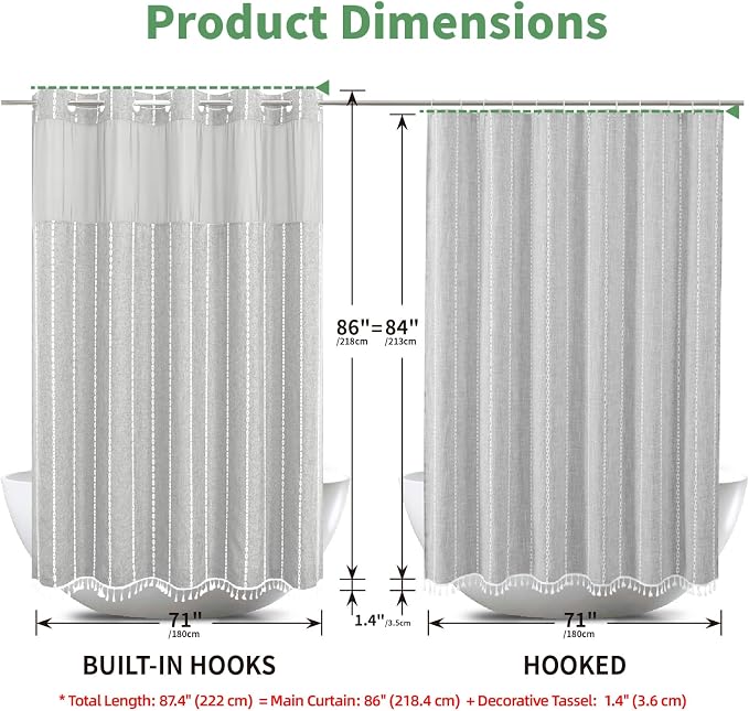 eachope No Hook Extra Long Shower Curtain Set with Snap-in Liner,Linen Textured Thick Striped Fabric with Tassels,Boho Chic Modern Farmhouse Bathroom Curtain,Water-Repellent,Grey/Gray,71x86 | 330GSM Thick Linen Textured Striped Fabric with Tassels,Snap...
