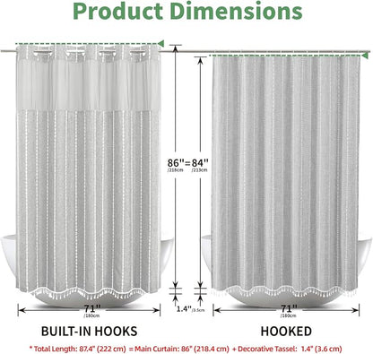 eachope No Hook Extra Long Shower Curtain Set with Snap-in Liner,Linen Textured Thick Striped Fabric with Tassels,Boho Chic Modern Farmhouse Bathroom Curtain,Water-Repellent,Grey/Gray,71x86 | 330GSM Thick Linen Textured Striped Fabric with Tassels,Snap...