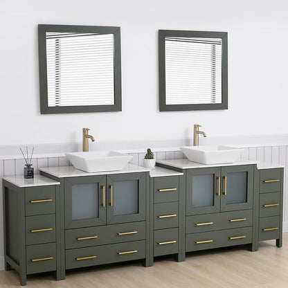 Vanity Art 96 Inch Vessel Double Sink Bathroom Vanity Cabinet with 2 Mirrors, Engineered Marble Top Bathroom Cabinet Compact Set with 13 Dovetail Drawers and Soft Closing Doors, VA3130-96VG