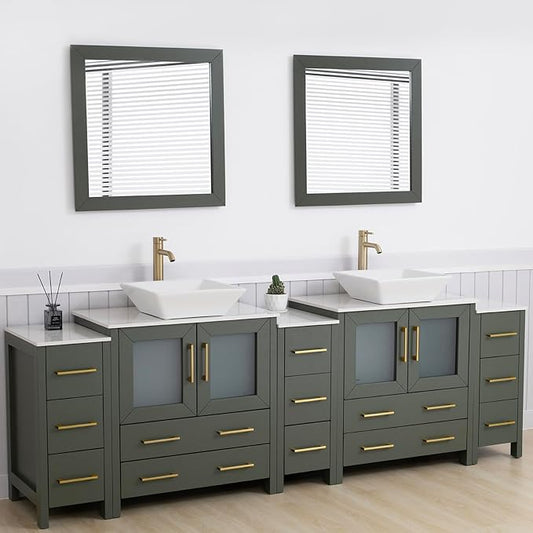 Vanity Art 96 Inch Vessel Double Sink Bathroom Vanity Cabinet with 2 Mirrors, Engineered Marble Top Bathroom Cabinet Compact Set with 13 Dovetail Drawers and Soft Closing Doors, VA3130-96VG