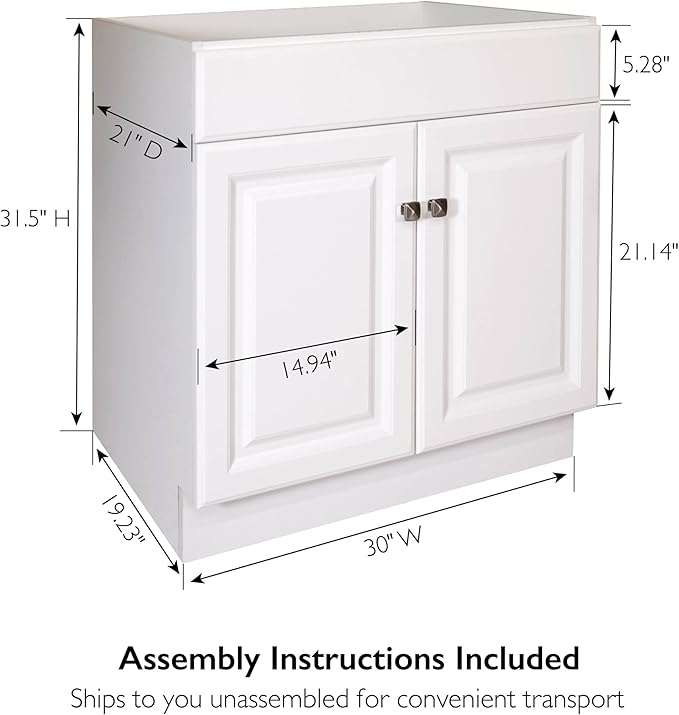Design House 597153 Wyndham Unassembled Bathroom Vanity Cabinet Without Top, 30 x 21/2 Door, White