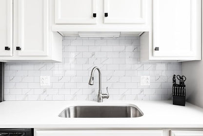 StyloVue 100 Pieces Peel and Stick Backsplash for Kitchen, 3" x 6" PVC Subway Tile 2026 Upgraded Glossy White Marble with White Grout Backsplash Stick on Tile Elevate Kitchen Fireplace RV