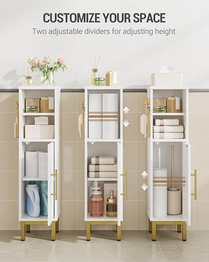 Bathroom Storage Cabinet, Corner Floor Cabinet with Door & Shelves, 2Hooks, Small Narrow Storage Organizer, Toilet Paper Cabinets for Small Space, White SC16313G