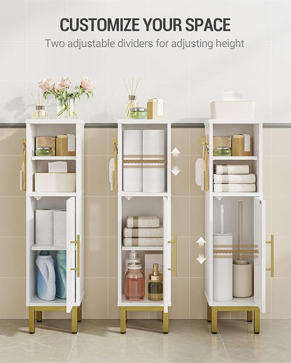 Bathroom Storage Cabinet, Corner Floor Cabinet with Door & Shelves, 2Hooks, Small Narrow Storage Organizer, Toilet Paper Cabinets for Small Space, White SC16313G