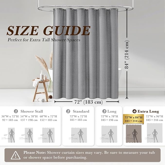 Seasonwood Grey Linen Shower Curtain Farmhouse Bathroom Decor 72x84 Inches | Boho Bathroom Decor,12 Sturdy Stainless Steel Sliding Hangers,Rustic Country Style,Linen Shower Curtains for Bathroom