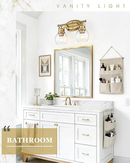 Gold Bathroom Light Fixtures, 2-Light 14" Vanity Lights with Clear Globe Glass Shades, Farmhouse Vintage Vanity Lighting Fixtures Over Mirror, E26 Base, AD-2147-2W-BG
