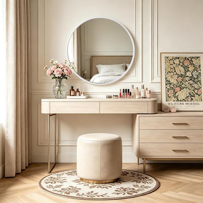Round Wood Mirror 32 inch Circle Wall Mirror for Bathroom Round Wall Mirror for Wall Decor, Vanity, Entryway Living Room (White)