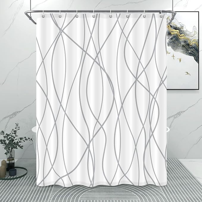 Striped Shower Curtain for Bathroom, Grey White, 54" W x 72" L | with Hooks, Modern Hotel Style, Water Repellent, Washable, Weighted Hem
