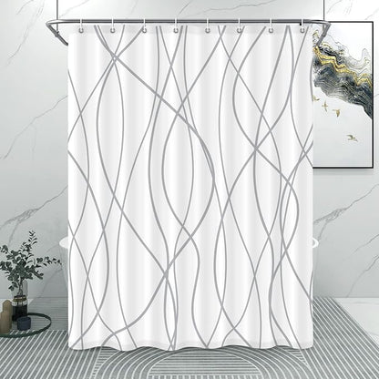 Striped Shower Curtain for Bathroom, Grey White, 54" W x 72" L | with Hooks, Modern Hotel Style, Water Repellent, Washable, Weighted Hem