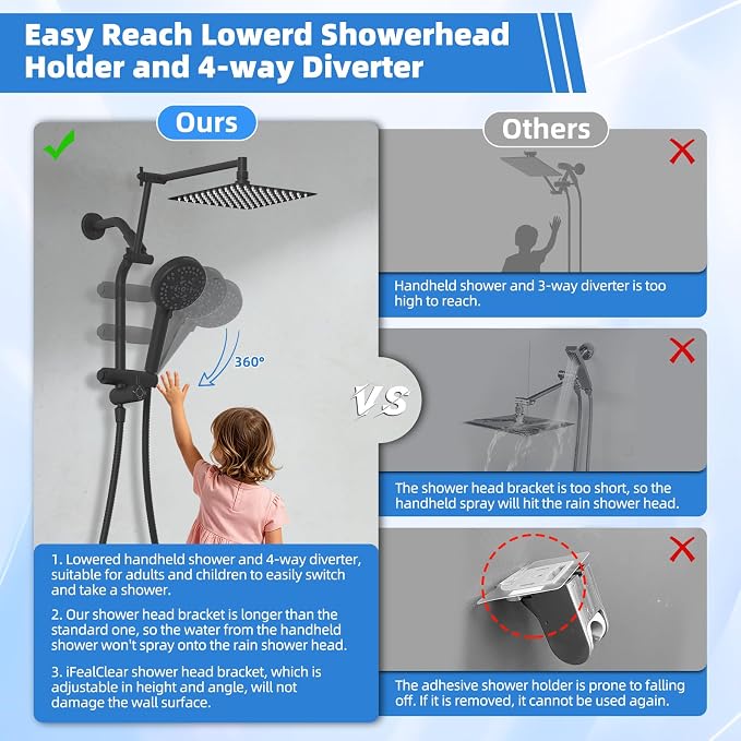 Metal 10" Rain Shower Head with Handheld, 10-Mode with Filter, Easy Reach | Black High-Pressure Rainfall Showerhead, Upgraded 4-Way Diverter Pause Mode, Adjustable 16" Extension Arm/71" Hose/Holder
