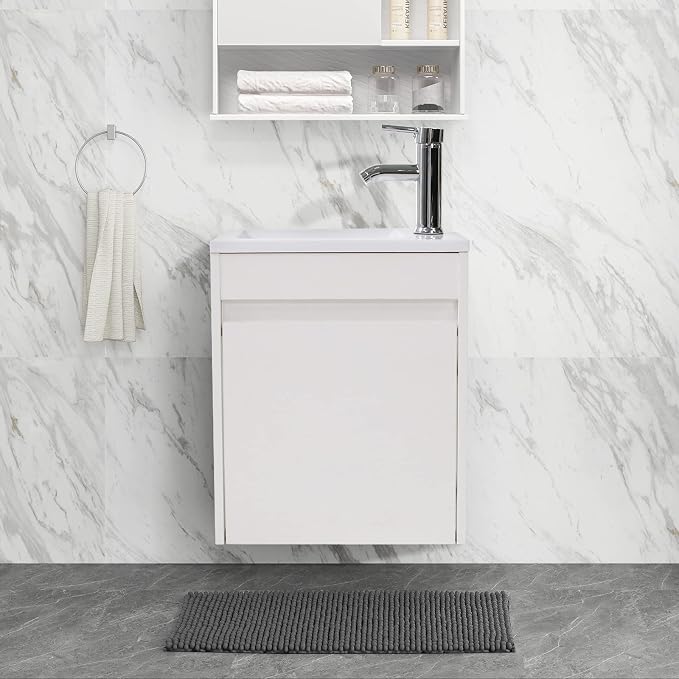 wonline 16" Bathroom Vanity Set Wall Mounted for Small Space Fully Assembled Cabinet with Sink Combo Chrome Faucet White