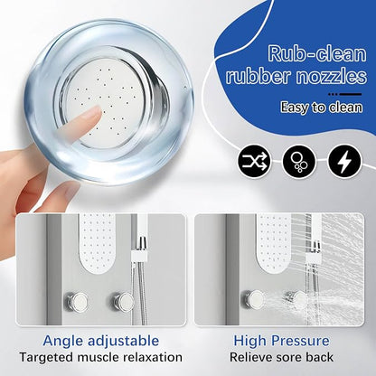 Luxury Shower Tower System with LED Shower Head, 5 Functions Shower Panel Tower System with 4 pcs Body Massage Jets,Stainless Steel Wall Mount Massage Shower Panel Tower System Brushed Nickel