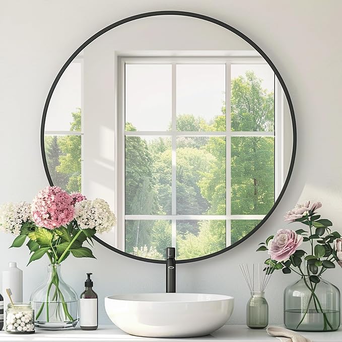 Round Black Mirror 24 Inch, Matte Black Metal Frame, Circle Mirror | Circular Wall Mounted Mirrors for Bathroom, Living Room, Bedroom, Entryway, Hallway, Dining Room, Wall Decor, Thin Frame