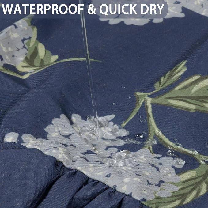 ORTIGIA Linen Textured Ruffle Shower Curtain with Metal Hooks, Vintage Navy Blue Hydrangea Floral Boho Waterproof Bath Curtain for Rustic Farmhouse Bathroom Decor 72x72 Inch