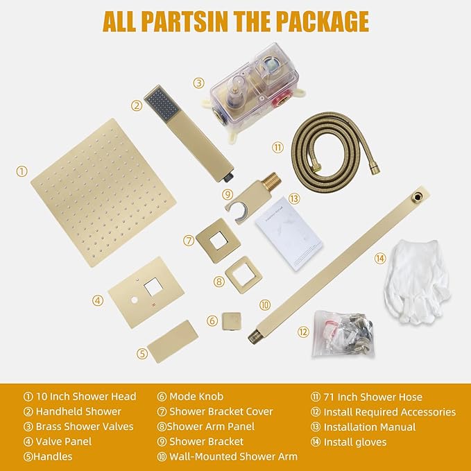 Modern Shower Faucet with 10 Inch Rain Shower head Shower System and Handheld Shower Combo,2-Function Shower Fixtures Included Shower Trim Kit (Brush Gold)