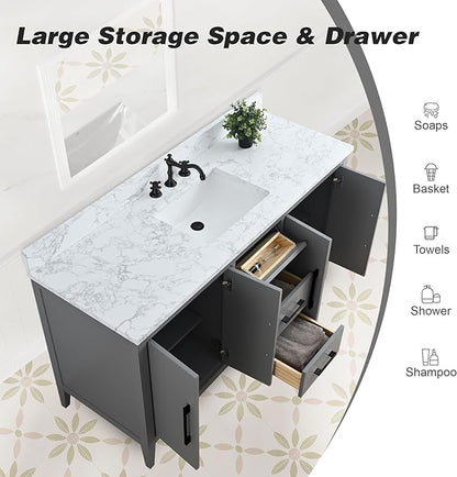 HOMEBEYOND 60 Inch Bathroom Vanity with Sink & Ceramic Top, Single Vanity Cabinet with Basin, Soft-Closing Doors & Matte Black Hardware, Grey