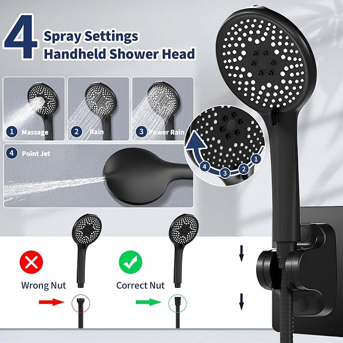 Airlex Shower Head Rain Shower Head with Handheld Spary, High Pressure Rainfall Showerhead and 4 Modes Handheld Shower Heads Built-in Power Wash with 71 Inch Stainless Steel Hose, 10'' Matte Black