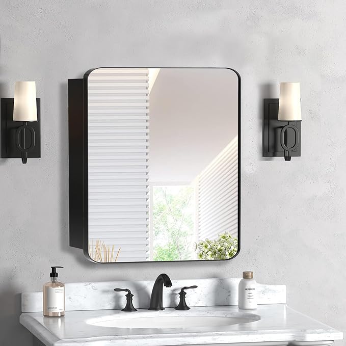 20x20 Inch Medicine Cabinet with Mirror Modern Design Farmhouse Bathroom Storage Cabinet for Bathroom Kitchen Laundry Room, Black
