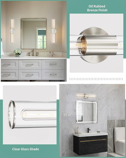 Bathroom Vanity Light Fixture, 2-Light Brushed Nickel Wall Sconce Lighting Fixture with Clear Glass, Indoor E26 Stocket Silver Wall Lamp for Mirror Living Room Hallway(Bulb Not Included)