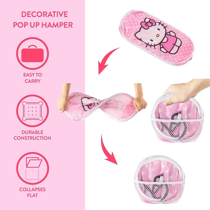 Idea Nuova Sanrio Hello Kitty Pop-Up Hamper,Collapsible Laundry Basket with Durable Handles,Lightweight Storage Bin for Kids' Bedroom, Nursery, or Playroom,Pink
