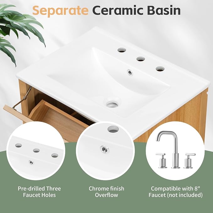 24" Modern Bathroom Vanity with Ceramic Sink, Solid Wood Frame Freestanding Storage Cabinet w/2 Drawers & Tilt-Out Drawer, Door Rack & Adjustable Shelf, Golden Metal Handles, Wood