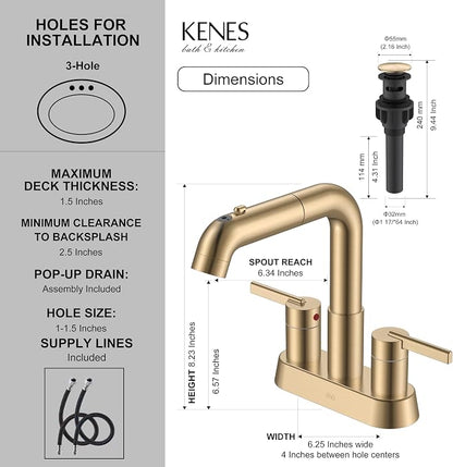 Champagne Bronze Pull Down Centerset Bathroom Faucet 3 Hole 2 Handle | Pull Out Bathroom Faucet with Pop Up Drain & Supply Lines, Lead-Free cUPC & NSF Certified, 4 Inch Faucet for Vanity RV Sink