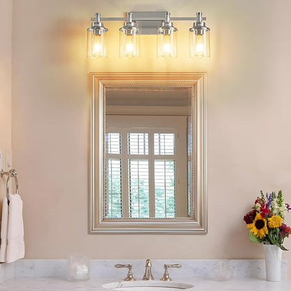 Brushed Nickel Bathroom Lighting Fixtures Over Mirror, 4-Light Bathroom Vanity Light Fixtures, Wall Sconce Lighting Modern Wall Light with Clear Glass Shade, Bathroom Wall Lamp for Hallway