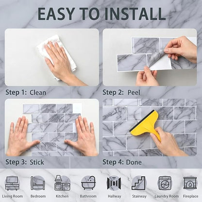 Arttown Peel and Stick 3D Wall Backsplash 10-Sheet, 12" × 12" Marble White | Subway Tile Self Adhesive Thicker Design Wall Tiles Panel Wallpaper for Kitchen Balcony Bathroom Rental Housing